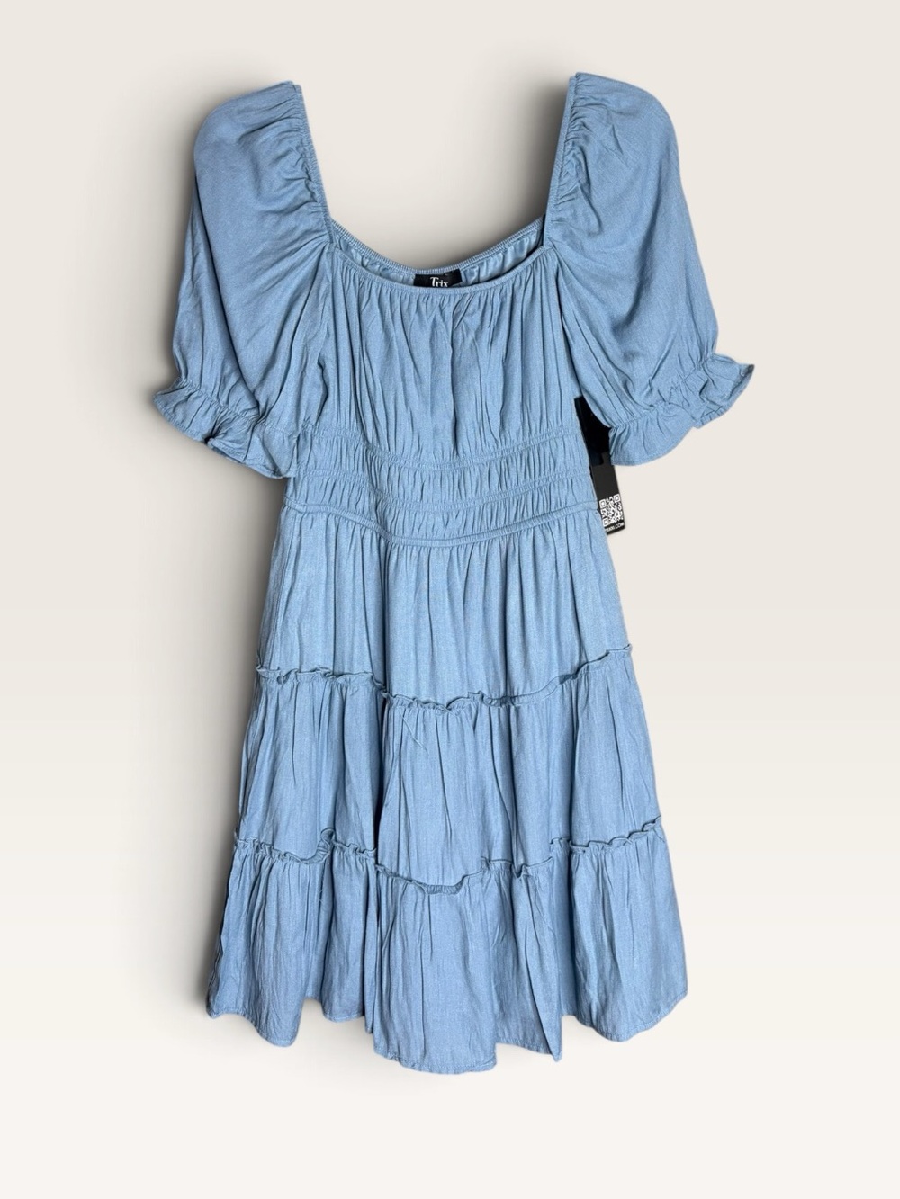 Trixxi Women’s Small Blue Chambray Tiered Puff Sleeve Mini Dress NWT